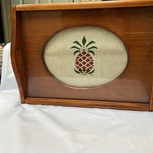 Wooden Tray with Glass Top Covering a Hand Cross Stitched Pineapple